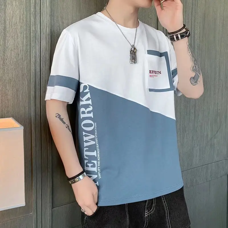 Men Contrast Tee Black Green Round Neck Casual Summer