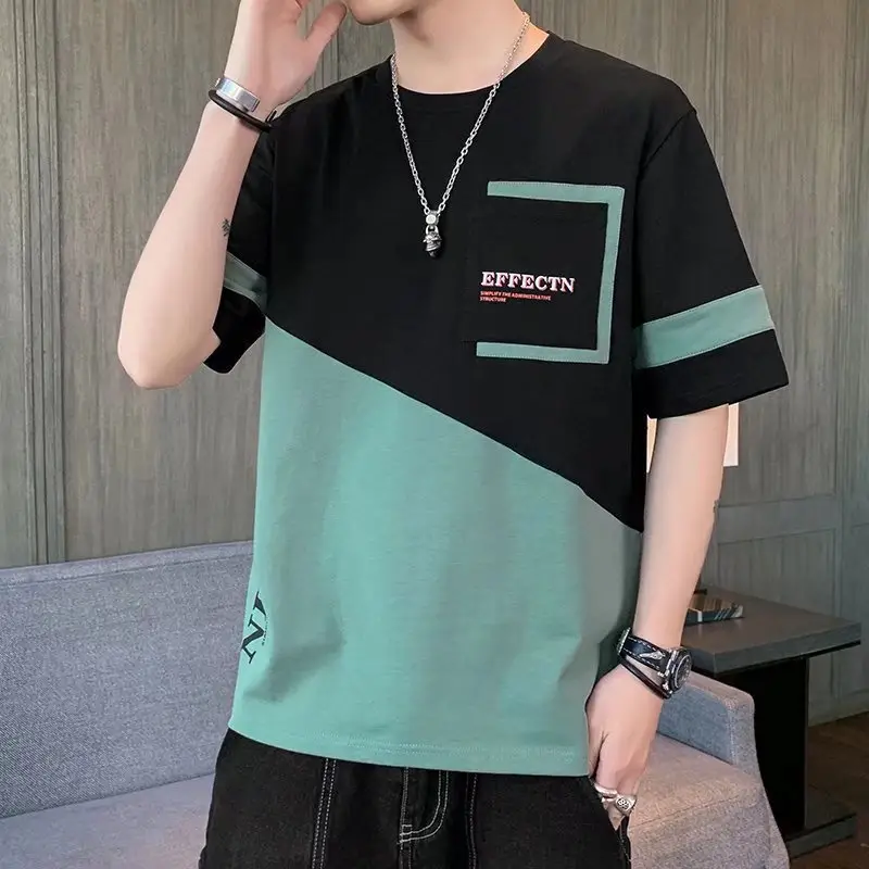 Men Contrast Tee Black Green Round Neck Casual Summer