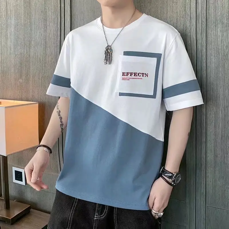 Men Contrast Tee Black Green Round Neck Casual Summer
