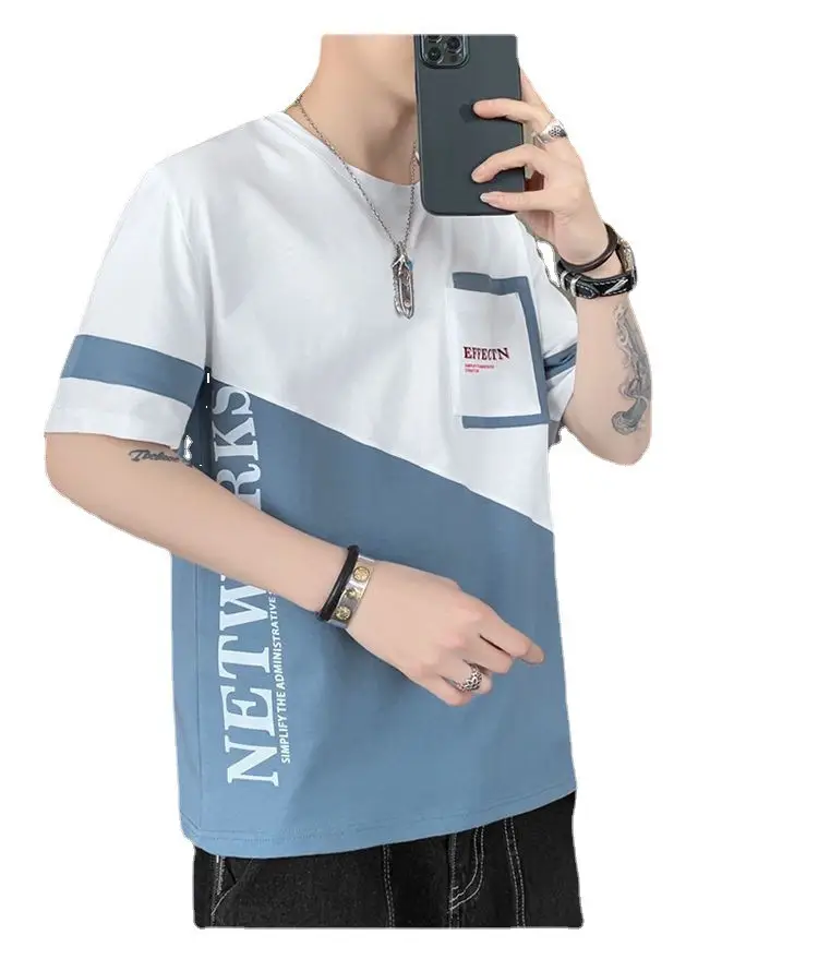 Men Contrast Tee Black Green Round Neck Casual Summer