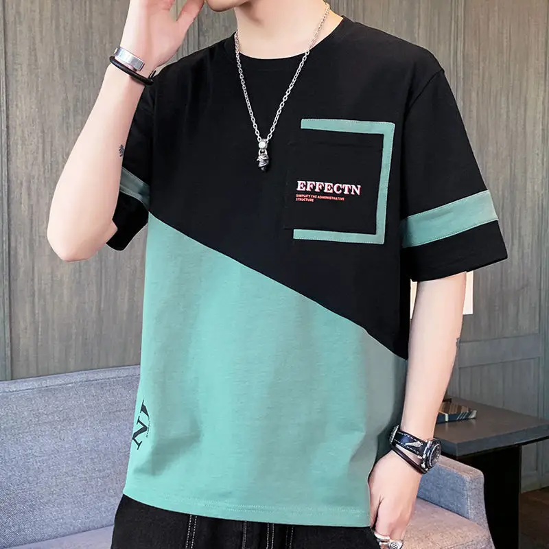 Men Contrast Tee Black Green Round Neck Casual Summer