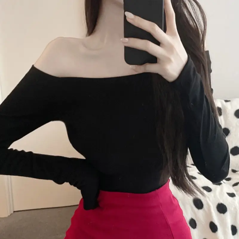 Long Sleeve Off Shoulder Solid Color T-Shirt for Women - Image 5
