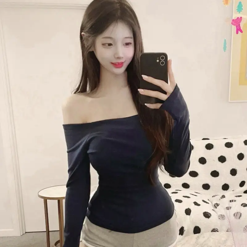 Long Sleeve Off Shoulder Solid Color T-Shirt for Women - Image 7