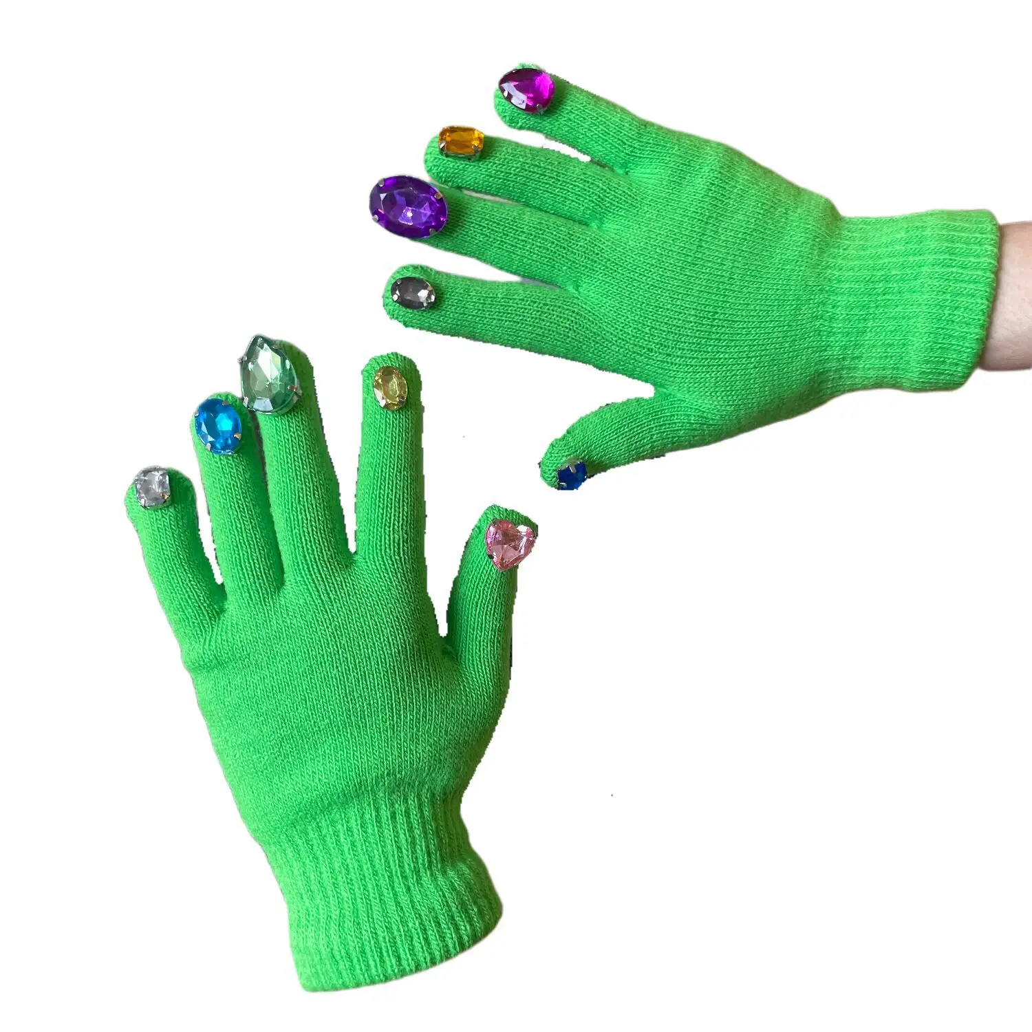 Thanos Green Knitted Diamond Nail Art Gloves for Women - Image 22
