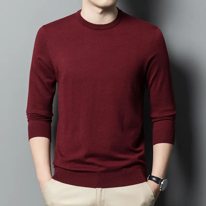 Men's Maroon Wool Knit Crewneck Pullover Autumn Winter