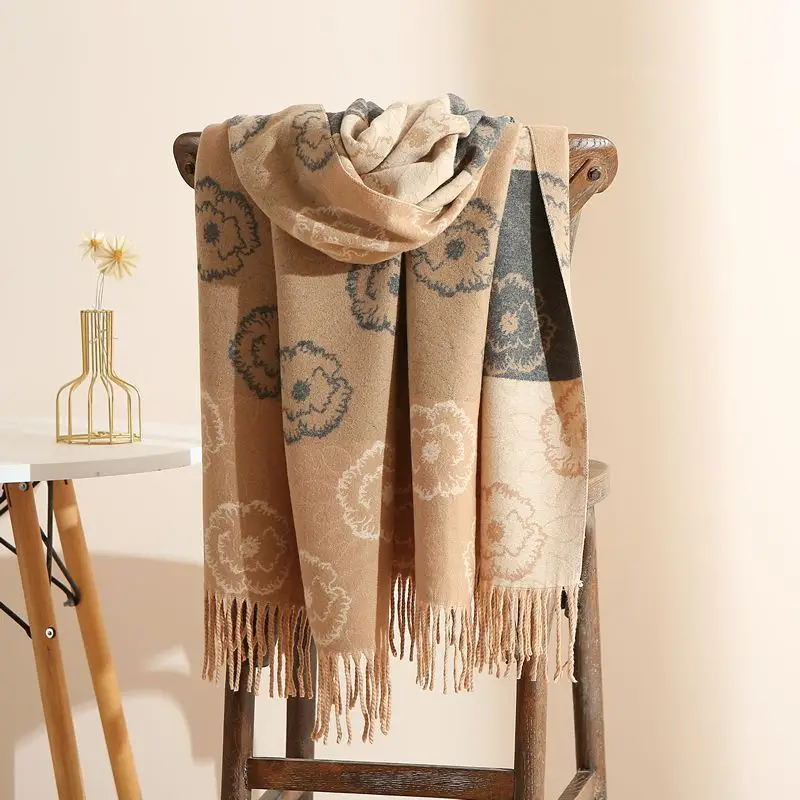 Women Winter Scarf Grey Tassel Double Sided Warm Neck Protection