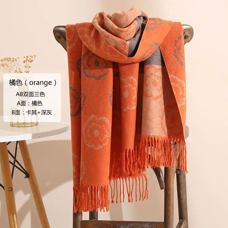 Women Winter Scarf Grey Tassel Double Sided Warm Neck Protection