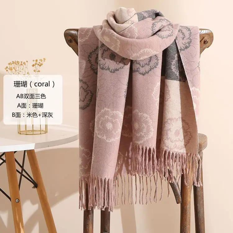 Women Winter Scarf Grey Tassel Double Sided Warm Neck Protection