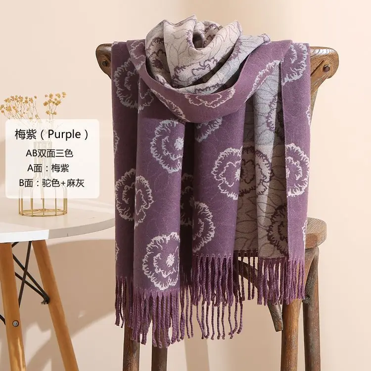 Women Winter Scarf Grey Tassel Double Sided Warm Neck Protection