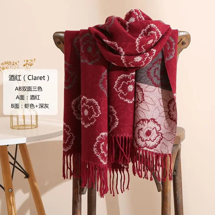 Women Winter Scarf Grey Tassel Double Sided Warm Neck Protection