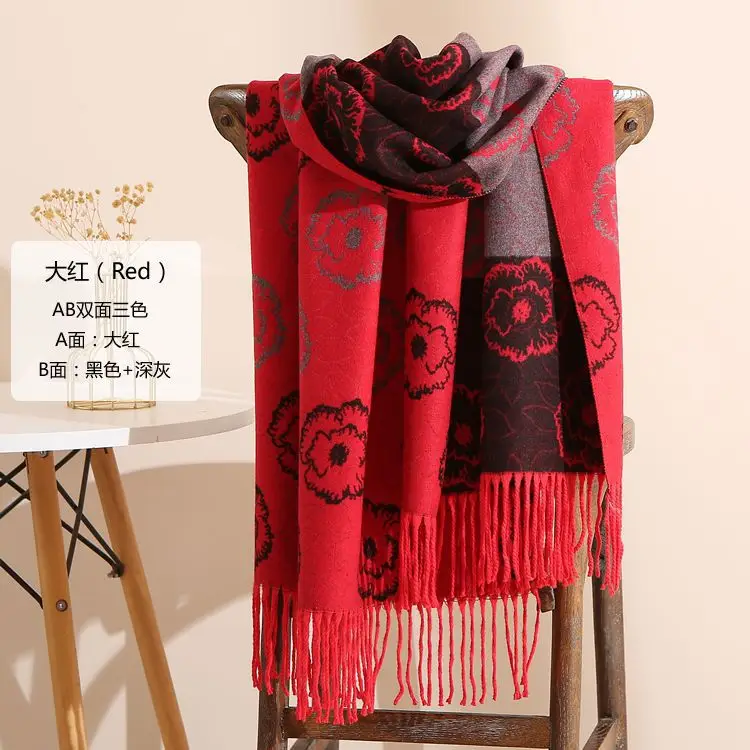 Women Winter Scarf Grey Tassel Double Sided Warm Neck Protection