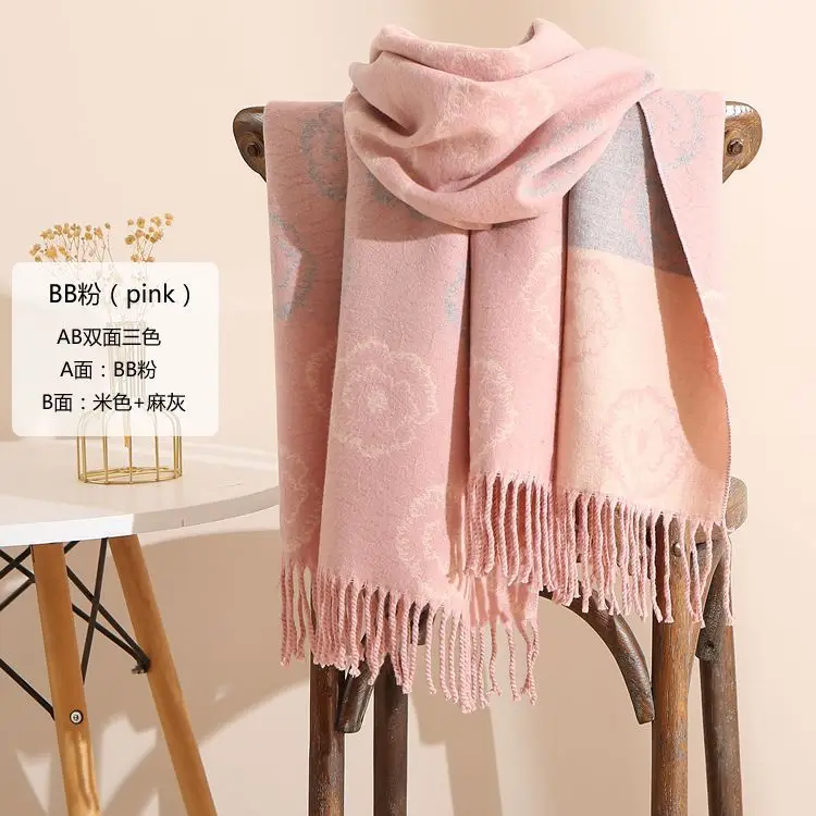 Women Winter Scarf Grey Tassel Double Sided Warm Neck Protection