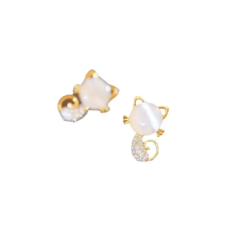 Cute Cat Earrings Women Gold Plated White Stone