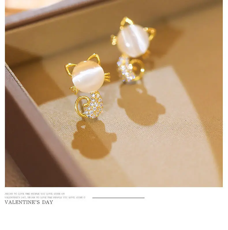Cute Cat Earrings Women Gold Plated White Stone — feature 10