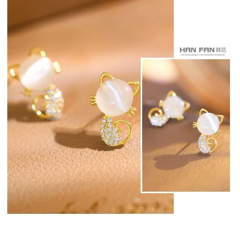 Cute Cat Earrings Women Gold Plated White Stone — feature 4