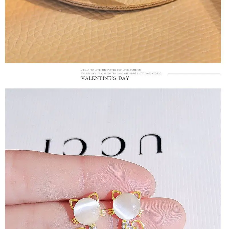 Cute Cat Earrings Women Gold Plated White Stone — feature 7