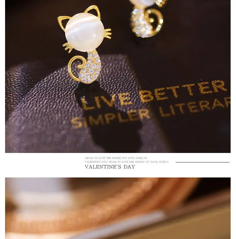 Cute Cat Earrings Women Gold Plated White Stone — feature 9