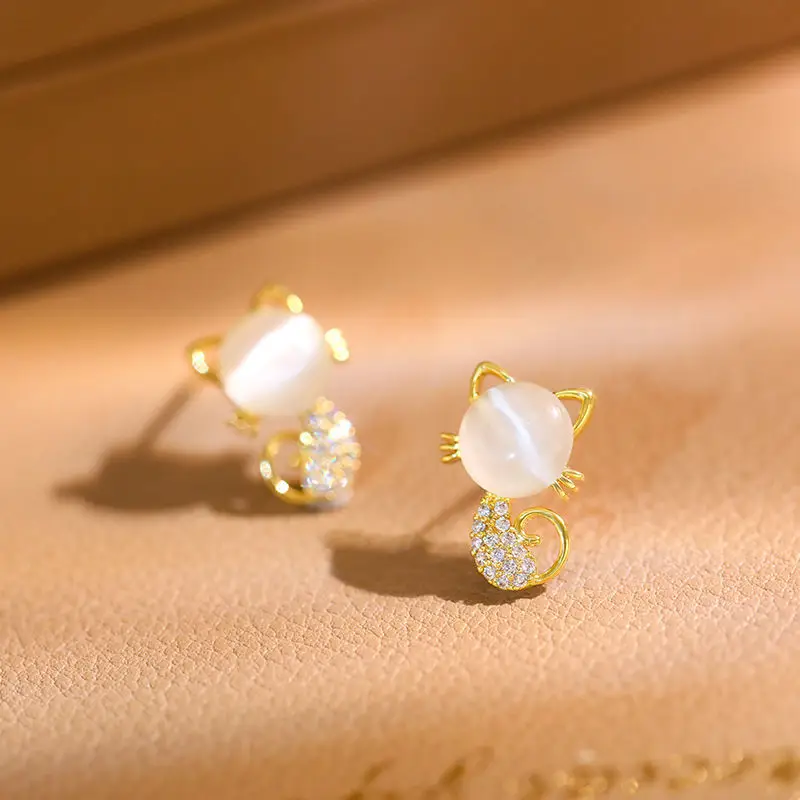 Cute Cat Earrings Women Gold Plated White Stone
