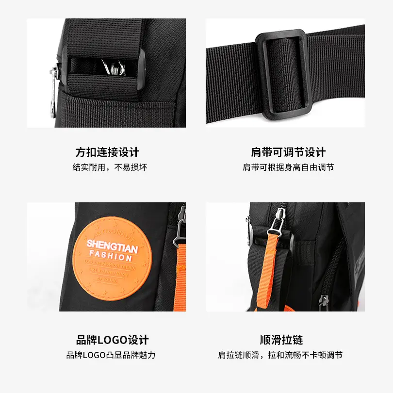 Men's Oxford Cloth Shoulder Bag Black Orange Multi Pocket - Image 8