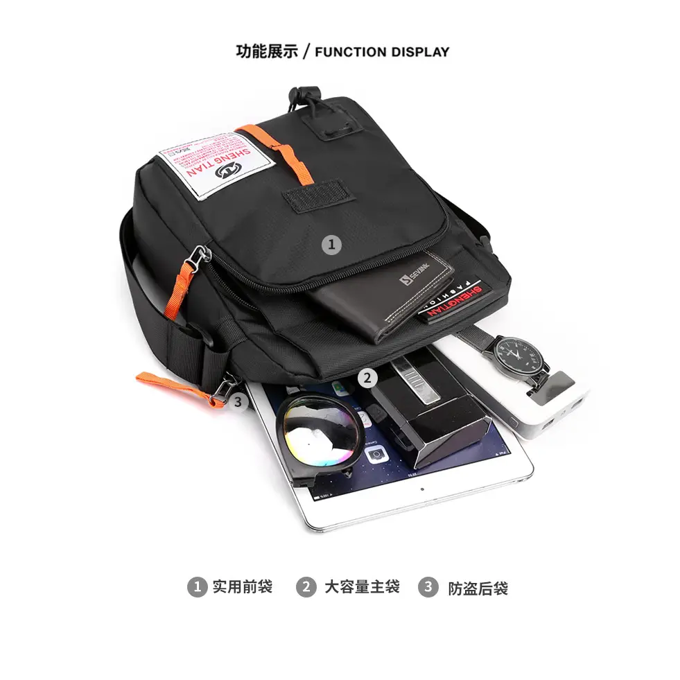 Men's Oxford Cloth Shoulder Bag Black Orange Multi Pocket - Image 9