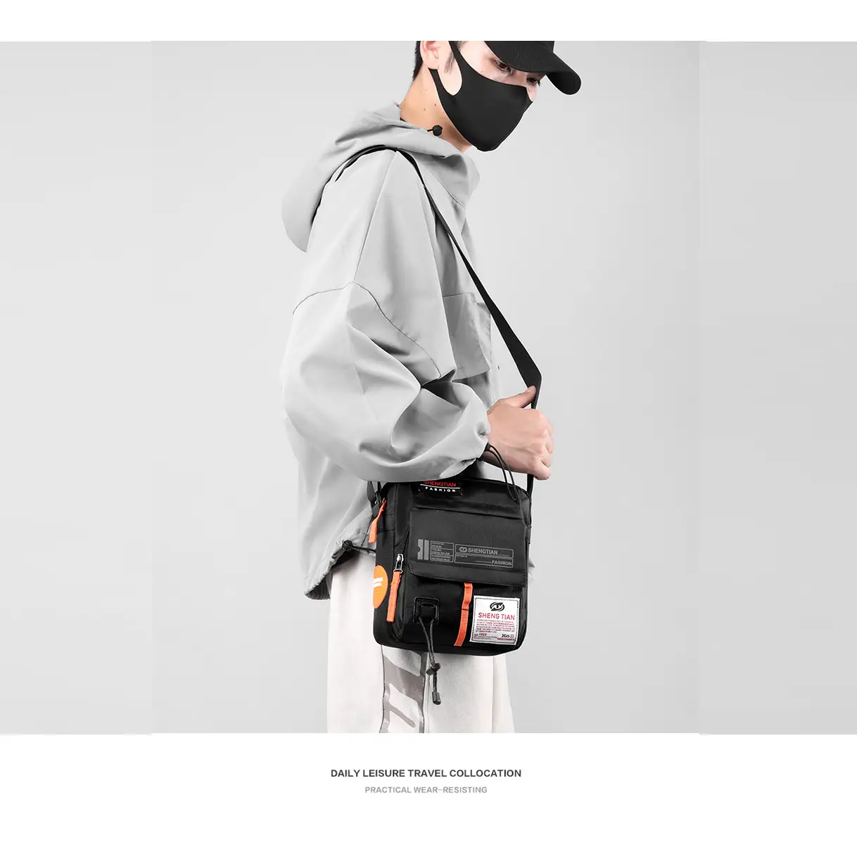 Men's Oxford Cloth Shoulder Bag Black Orange Multi Pocket - Image 10