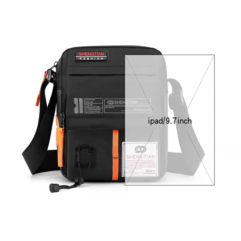 Men's Oxford Cloth Shoulder Bag Black Orange Multi Pocket - Image 11