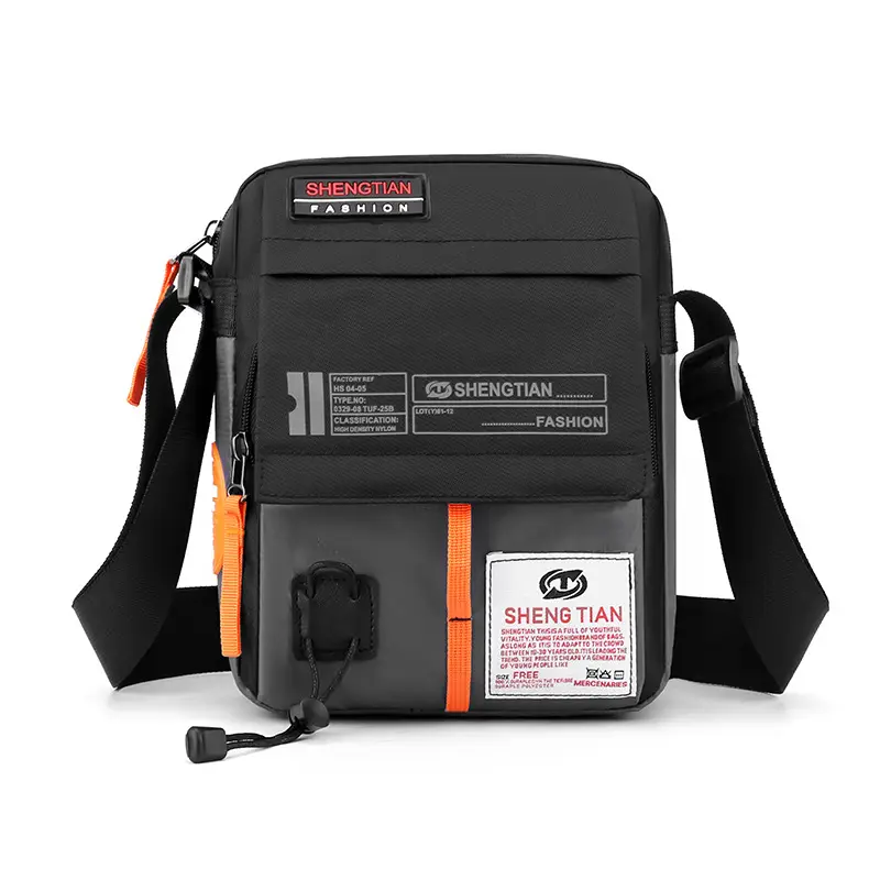 Men's Oxford Cloth Shoulder Bag Black Orange Multi Pocket - Image 2