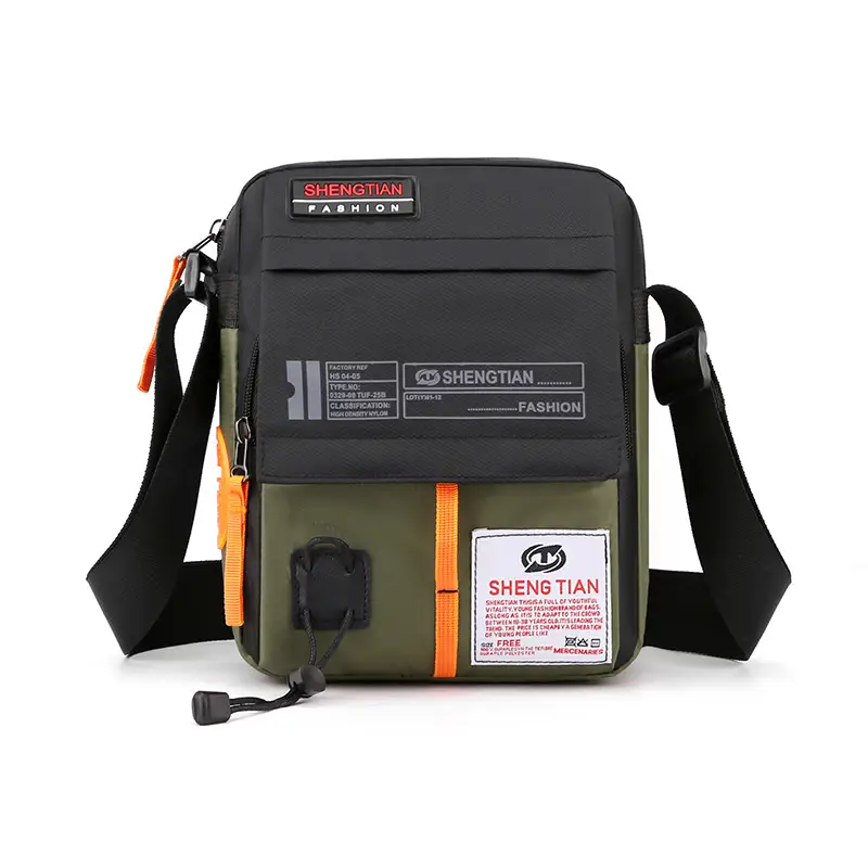 Men's Oxford Cloth Shoulder Bag Black Orange Multi Pocket - Image 3