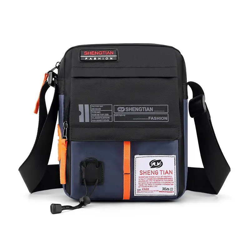 Men's Oxford Cloth Shoulder Bag Black Orange Multi Pocket - Image 4