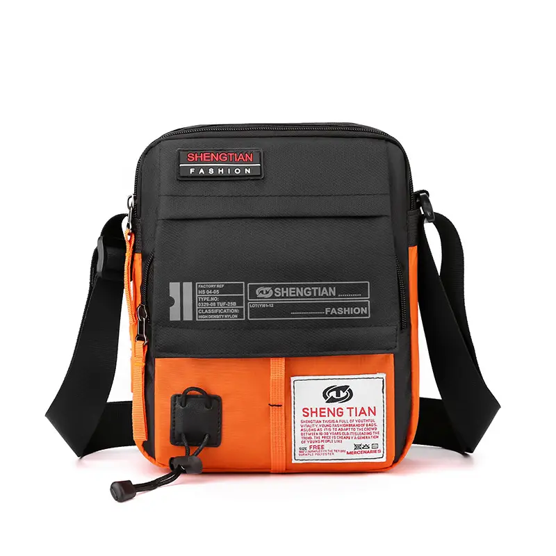 Men's Oxford Cloth Shoulder Bag Black Orange Multi Pocket - Image 5
