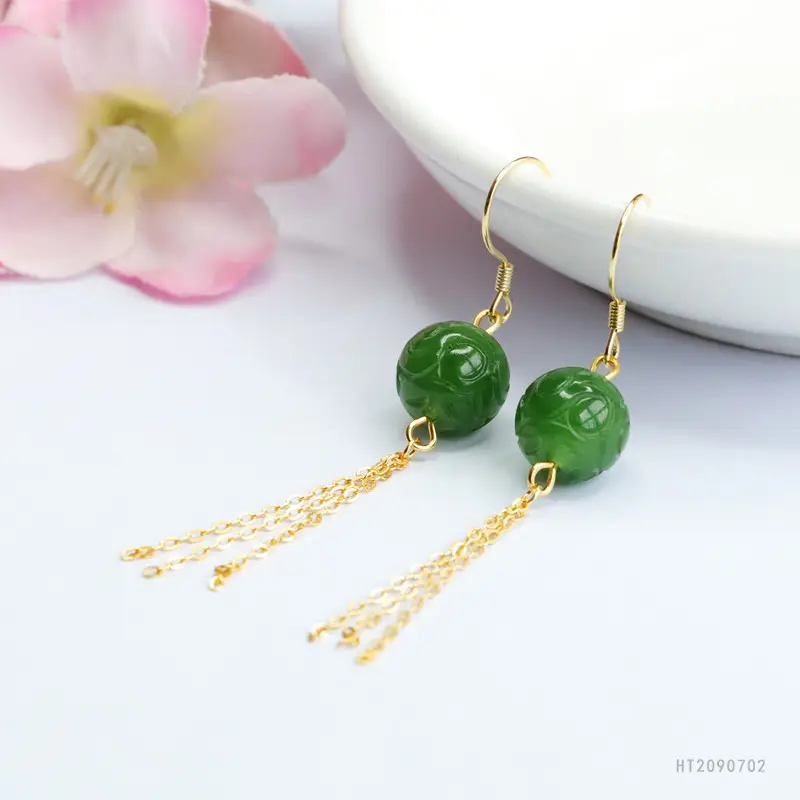 Green Jade Drop Earrings with Gold Chain for Women - Image 3