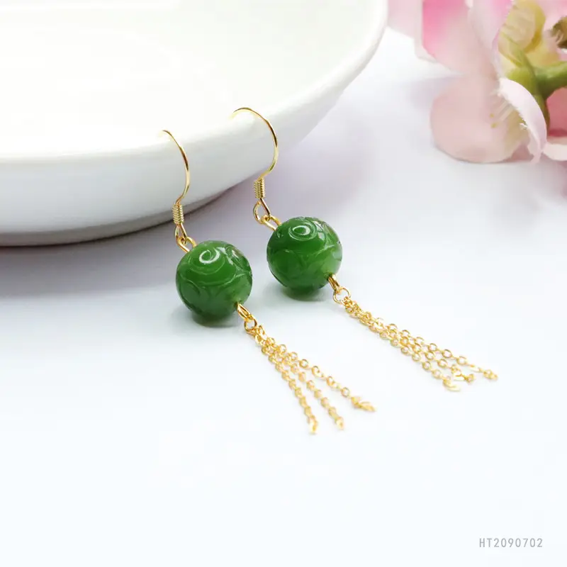 Green Jade Drop Earrings with Gold Chain for Women - Image 4