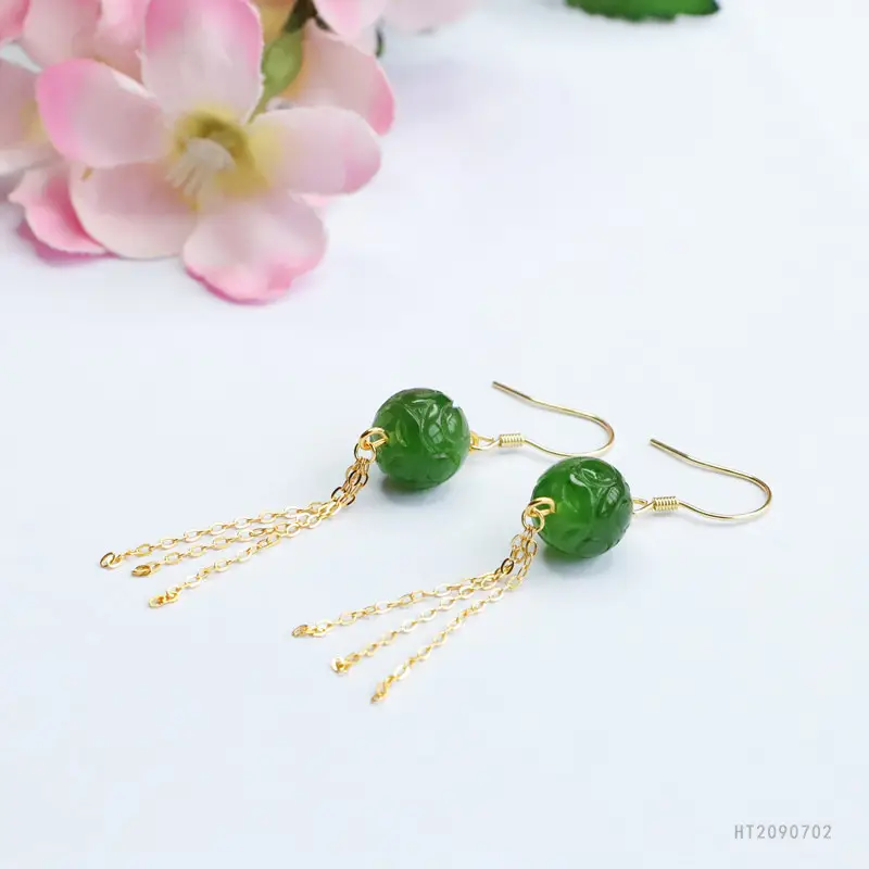Green Jade Drop Earrings with Gold Chain for Women - Image 5