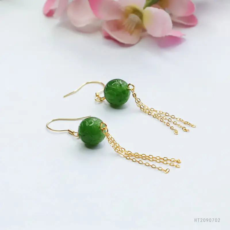 Green Jade Drop Earrings with Gold Chain for Women — feature 10