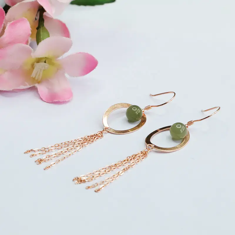 Guan Yu S925 Silver Inlaid Green Jade Ear Hooks