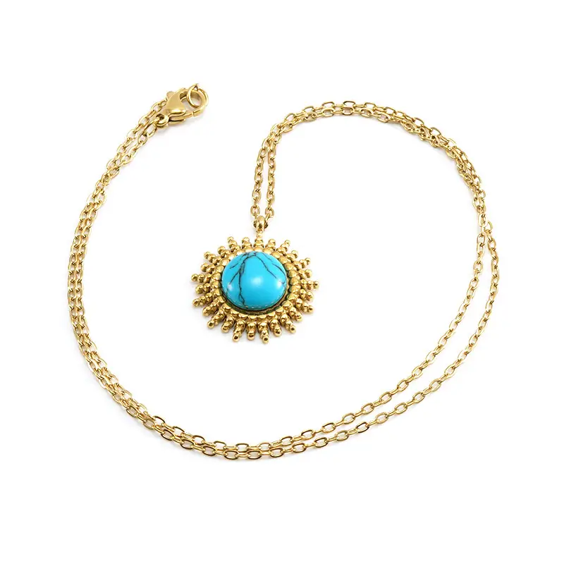 Blue Turquoise Round Stainless Steel Pendant Necklace for Women - Image 5
