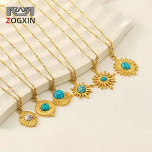 Blue Turquoise Round Stainless Steel Pendant Necklace for Women — feature 9
