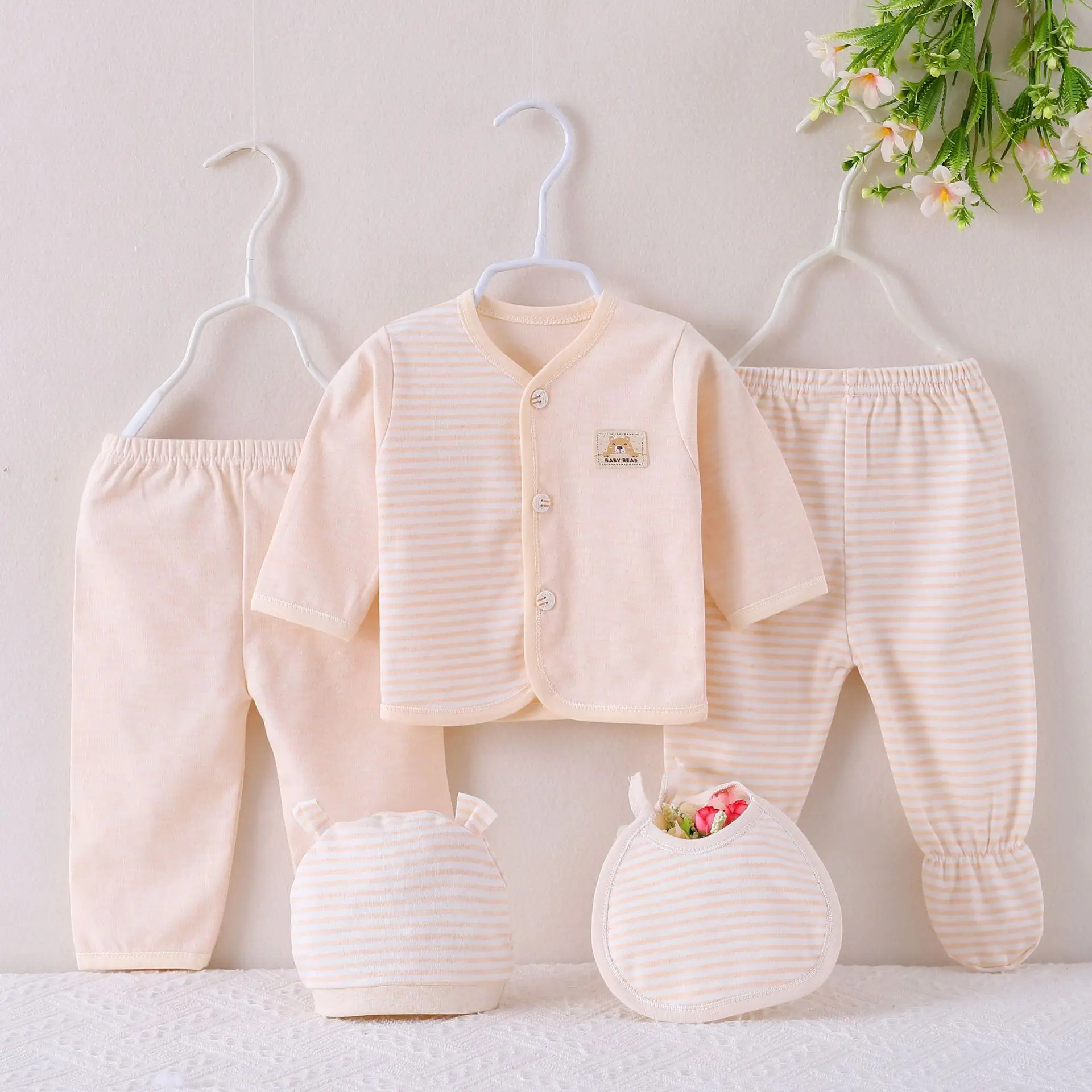 Pink Striped Baby 5-Piece Cotton Suit for Newborns - Image 2