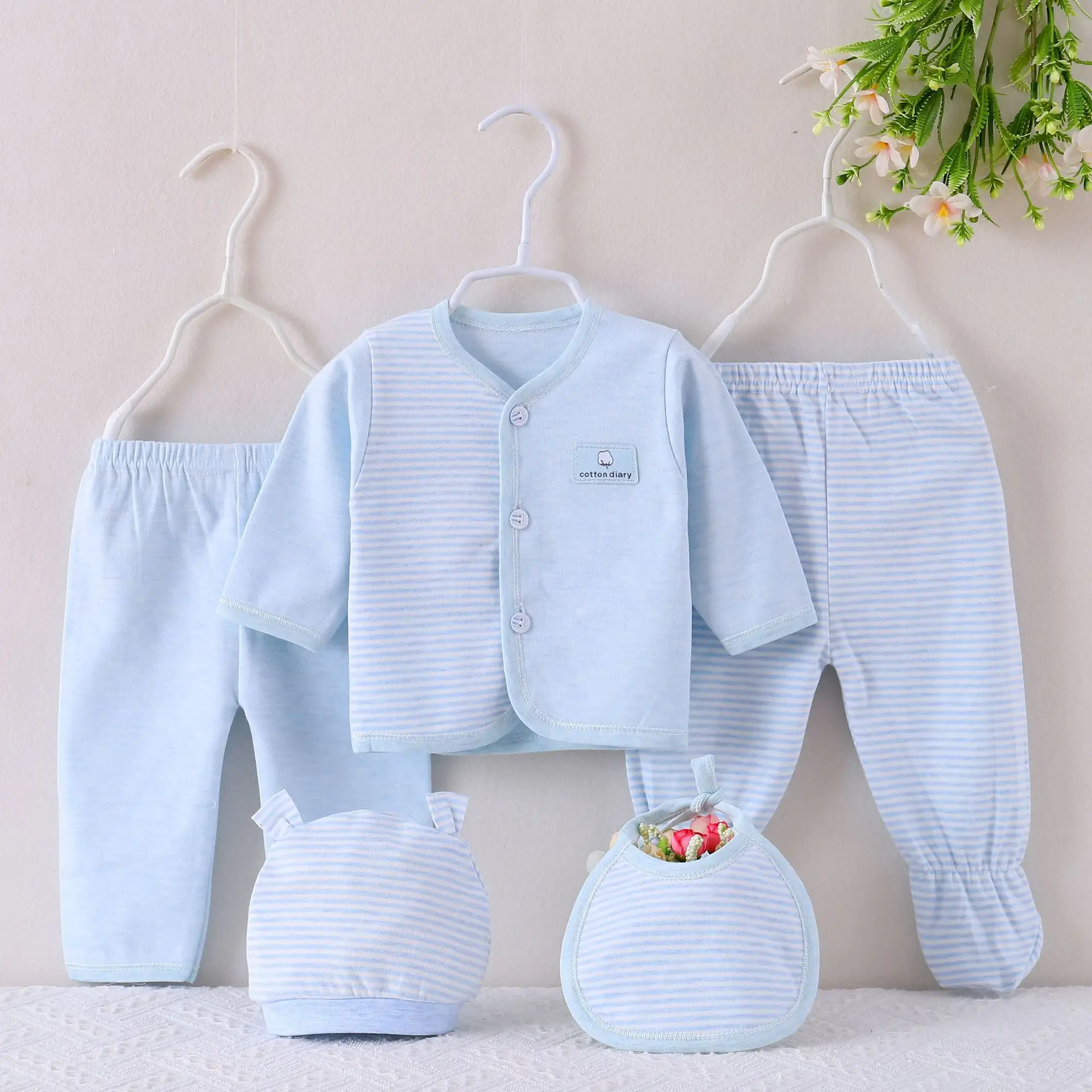 Pink Striped Baby 5-Piece Cotton Suit for Newborns - Image 3