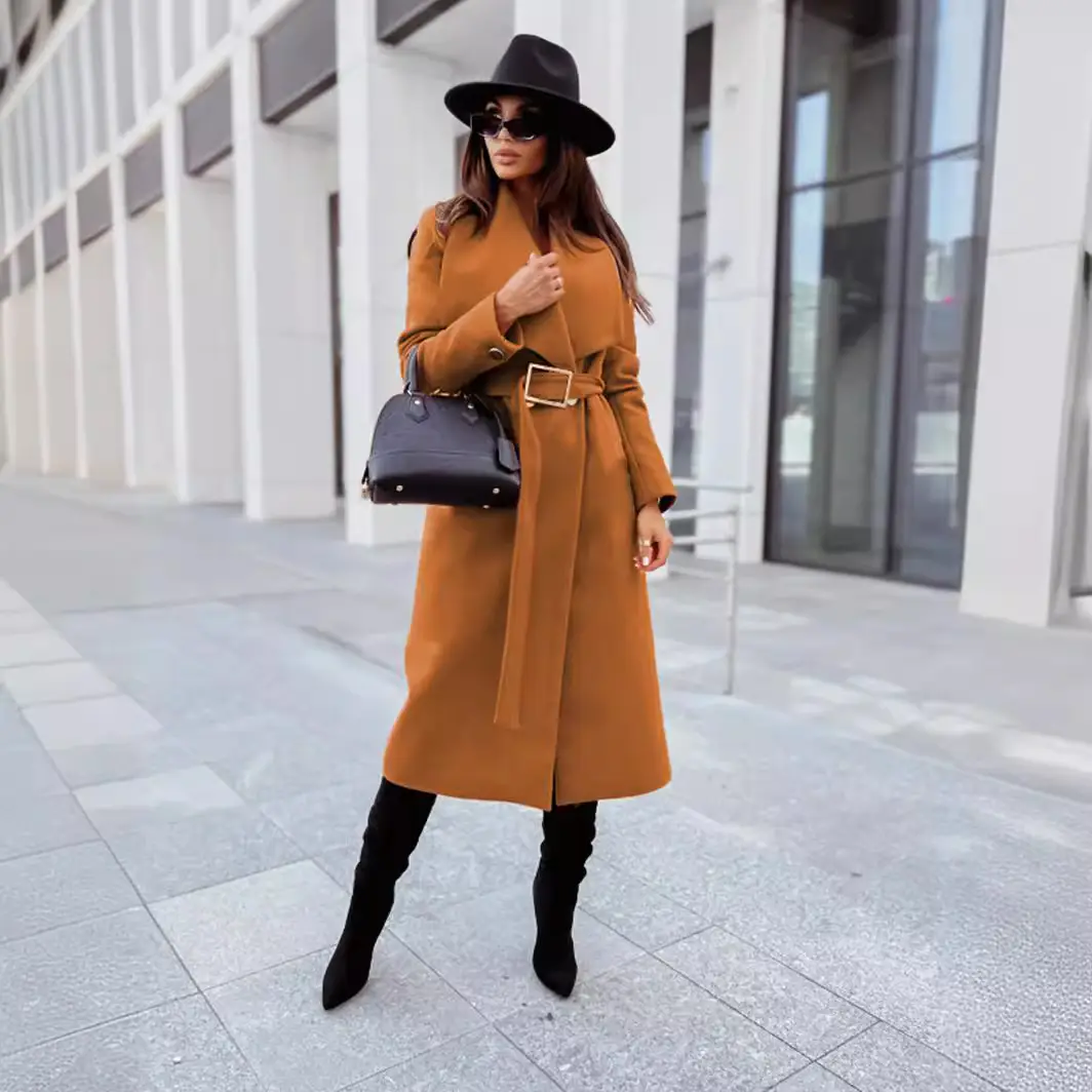 Women Wool Coat V-Neck Strap 2023 Winter Light Blue - Image 5