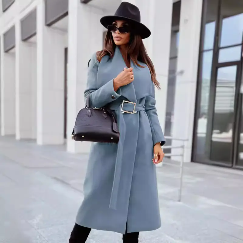 Women Wool Coat V-Neck Strap 2023 Winter Light Blue - Image 6