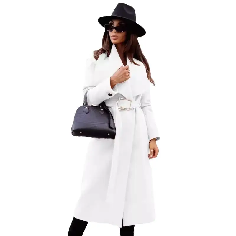 Women Wool Coat V-Neck Strap 2023 Winter Light Blue - Image 7
