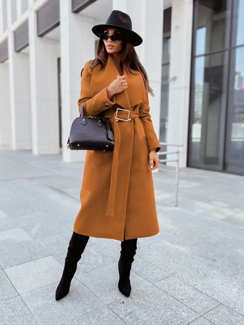 Women Wool Coat V-Neck Strap 2023 Winter Light Blue - Image 2