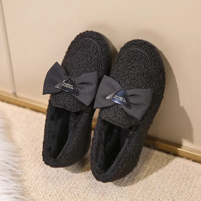 2025 Winter Black Fleece Bow Slippers
