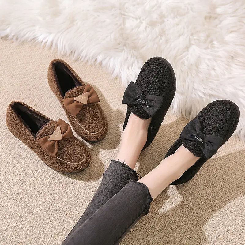 2025 Winter Black Fleece Bow Slippers