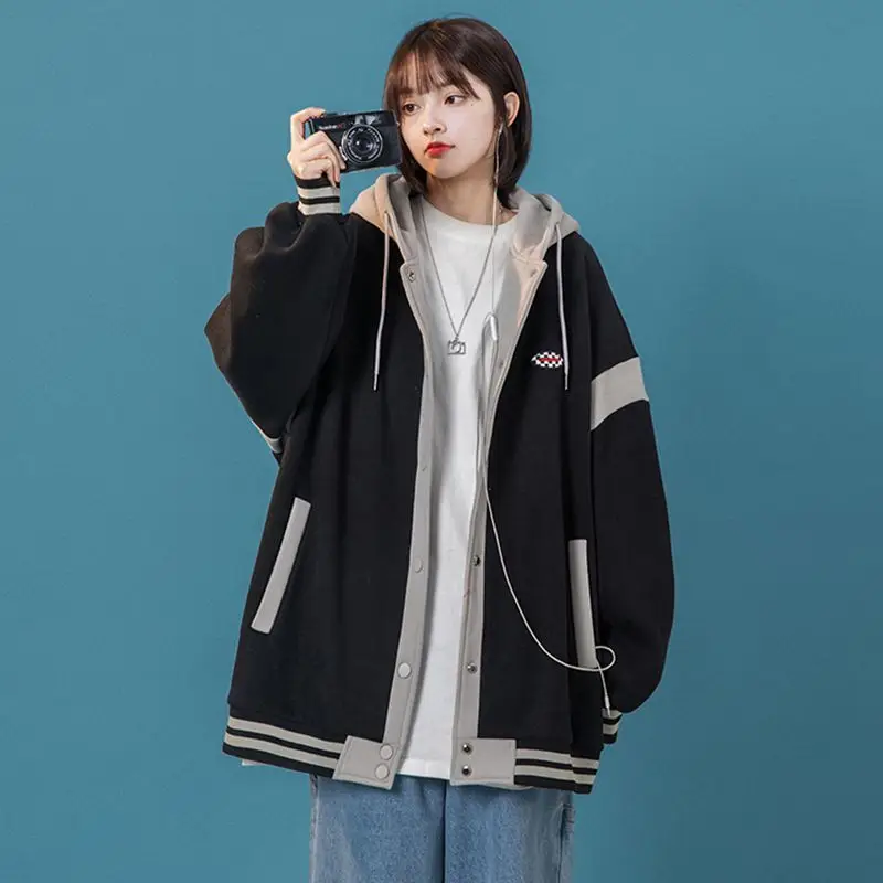 Women's 2023 Hooded Baseball Jacket Black Grey Mid-Length — feature 12