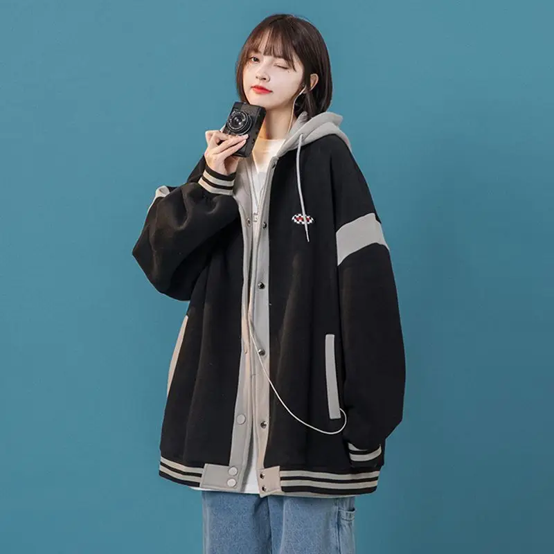 Women's 2023 Hooded Baseball Jacket Black Grey Mid-Length — feature 13