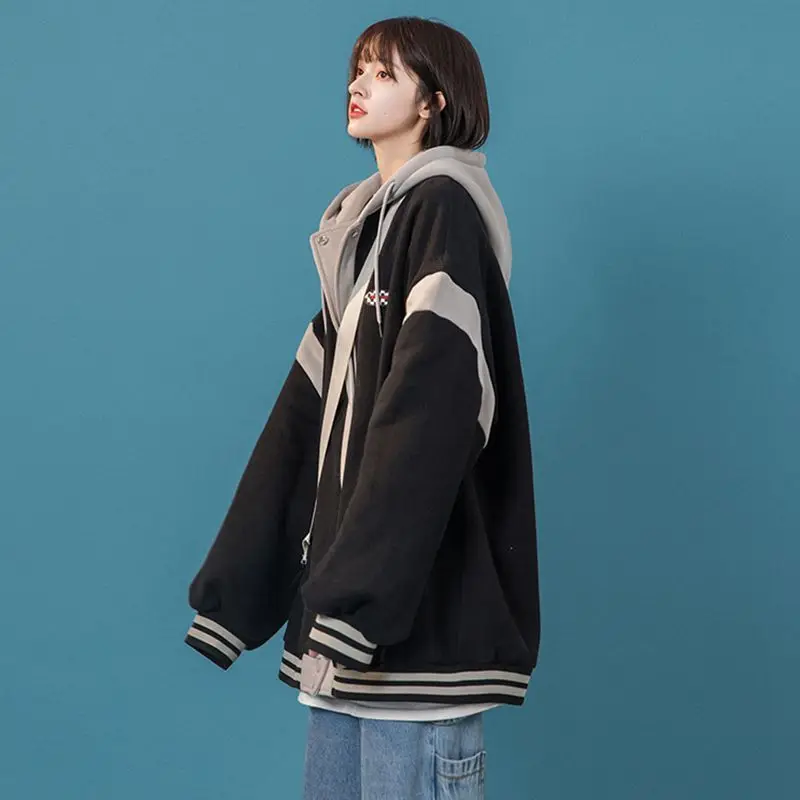 Women's 2023 Hooded Baseball Jacket Black Grey Mid-Length — feature 14
