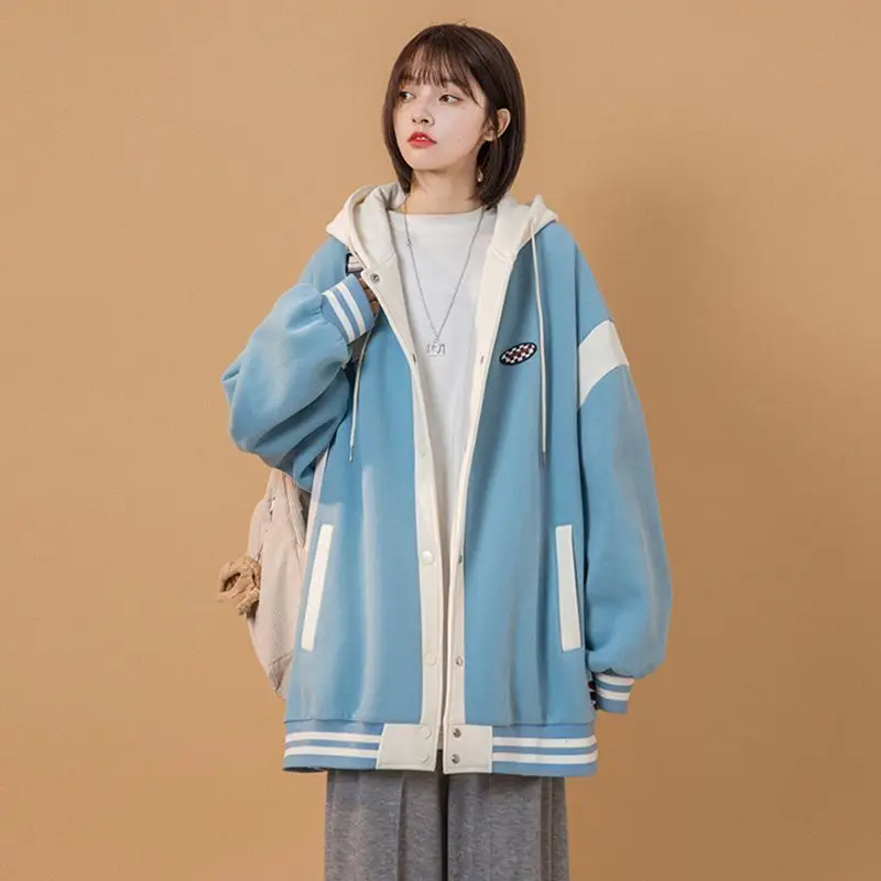 Women's 2023 Hooded Baseball Jacket Black Grey Mid-Length — feature 15