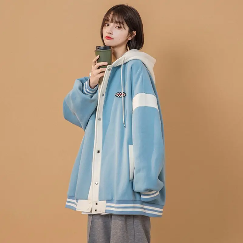 Women's 2023 Hooded Baseball Jacket Black Grey Mid-Length — feature 17